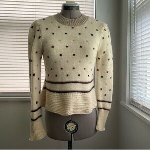 Women's Handknit Sweater Off White Brown Polka Dot Long Sleeve Size Handmade XXS